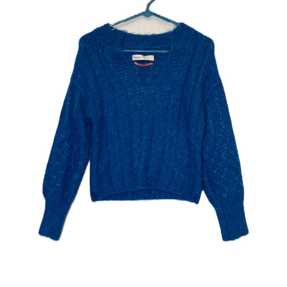 Pilcro Anthropologie Blue Ribbed Fluffy V-Neck Sweater Size XSP